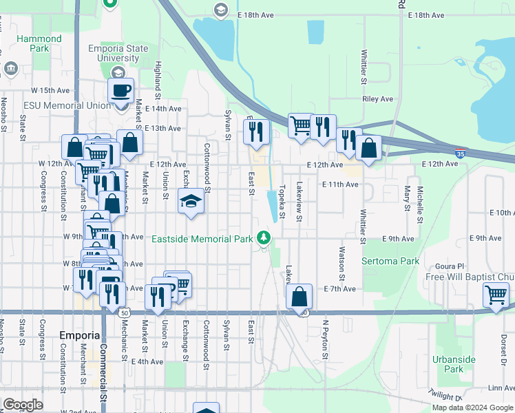 map of restaurants, bars, coffee shops, grocery stores, and more near 1011 East Street in Emporia