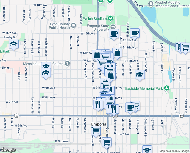 map of restaurants, bars, coffee shops, grocery stores, and more near 1020 Congress Street in Emporia