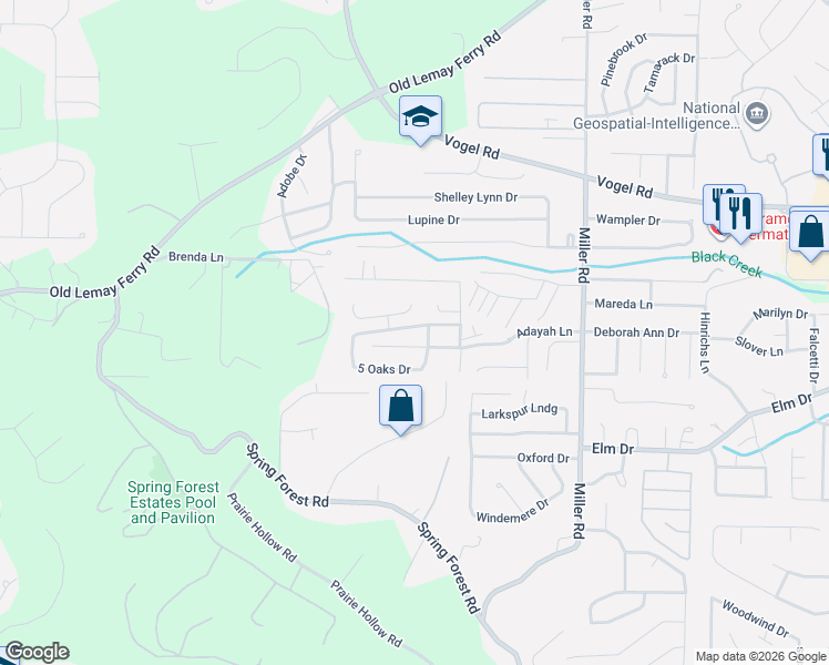 map of restaurants, bars, coffee shops, grocery stores, and more near 3145 5 Oaks Drive in Arnold