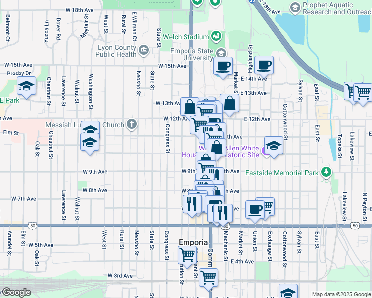 map of restaurants, bars, coffee shops, grocery stores, and more near 1020 Congress Street in Emporia
