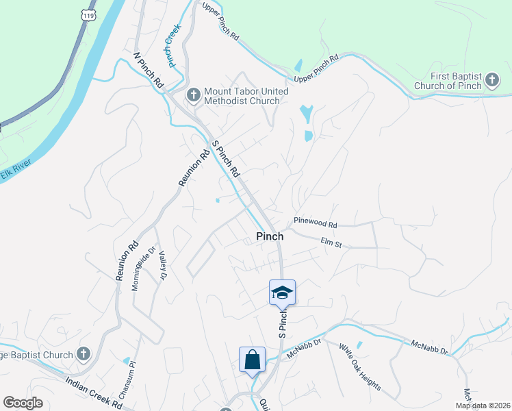 map of restaurants, bars, coffee shops, grocery stores, and more near South Pinch Road in Elkview