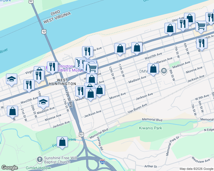 map of restaurants, bars, coffee shops, grocery stores, and more near 700-746 13th St W in Huntington
