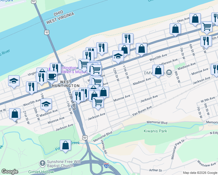 map of restaurants, bars, coffee shops, grocery stores, and more near 746 13th St W in Huntington