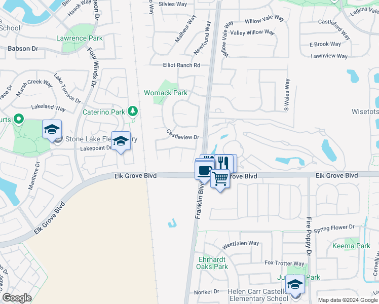 map of restaurants, bars, coffee shops, grocery stores, and more near 4608 Castle Grove Way in Elk Grove