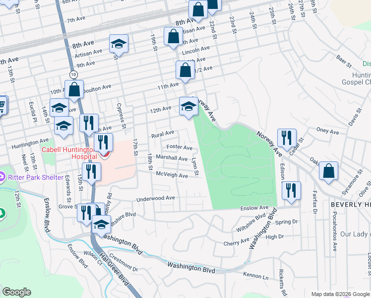 map of restaurants, bars, coffee shops, grocery stores, and more near 1500-1598 19th St in Huntington