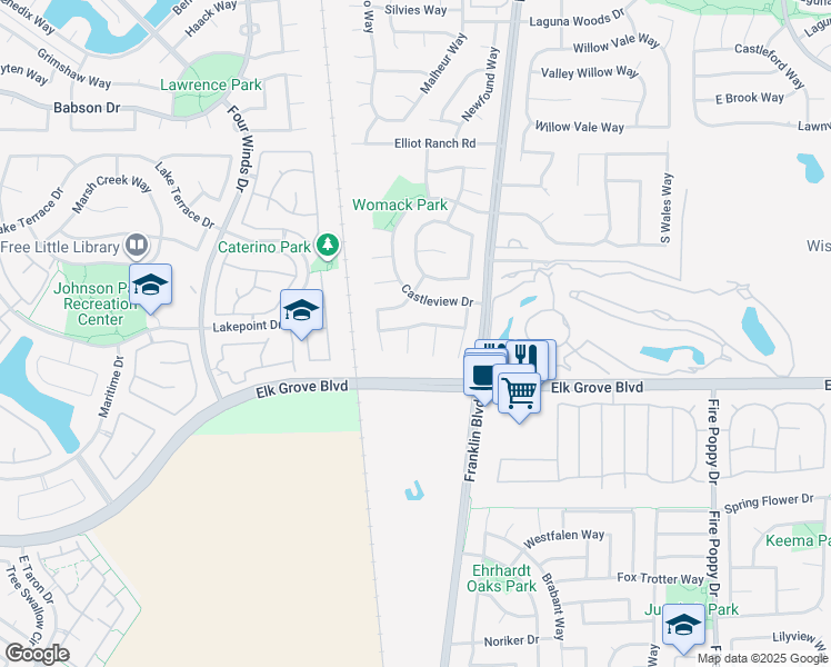 map of restaurants, bars, coffee shops, grocery stores, and more near 4510 Castle Grove Way in Elk Grove