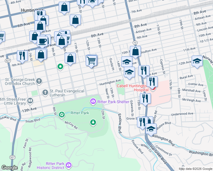 map of restaurants, bars, coffee shops, grocery stores, and more near 1302 Neel Street in Huntington