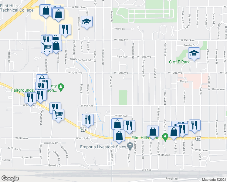 map of restaurants, bars, coffee shops, grocery stores, and more near 940 Prairie Street in Emporia