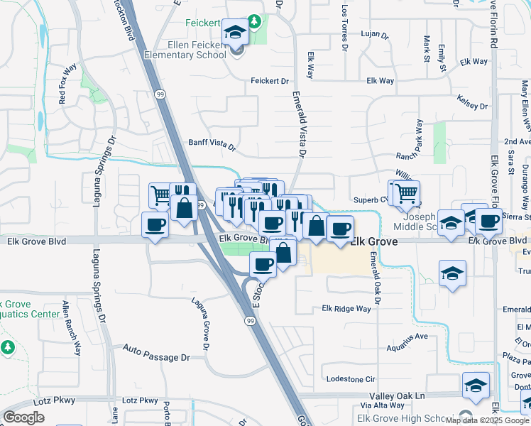 map of restaurants, bars, coffee shops, grocery stores, and more near 8565 Elk Grove Boulevard in Elk Grove
