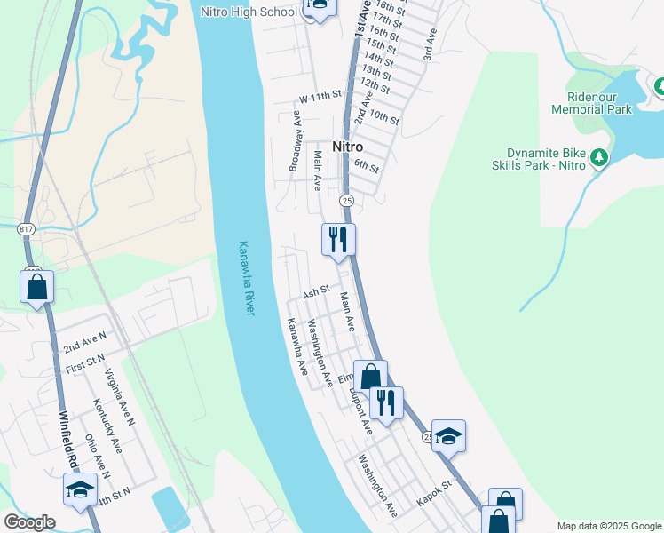 map of restaurants, bars, coffee shops, grocery stores, and more near 124-180 Main Avenue North in Nitro