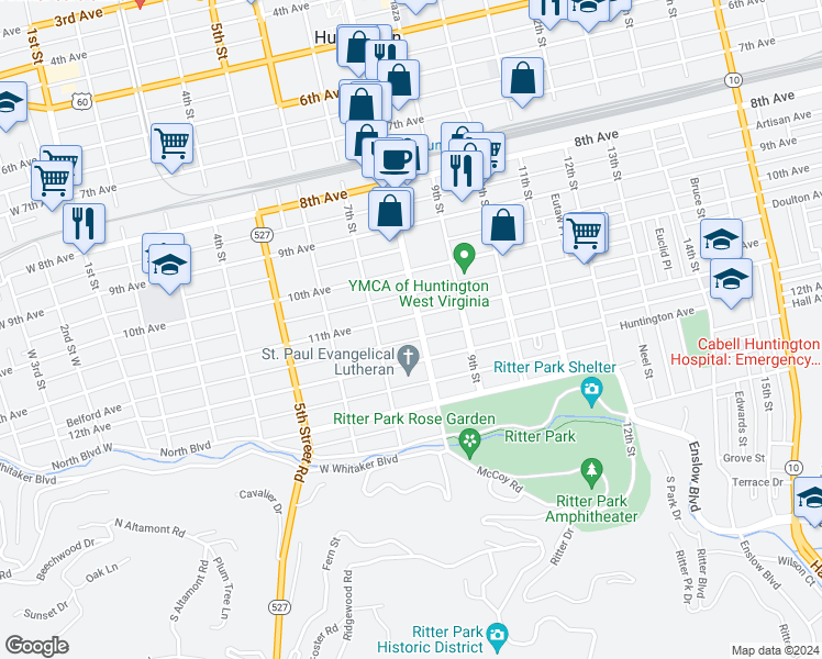 map of restaurants, bars, coffee shops, grocery stores, and more near 743 11th Ave in Huntington