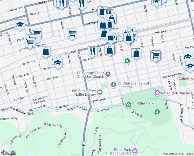 map of restaurants, bars, coffee shops, grocery stores, and more near 606 11th Avenue in Huntington
