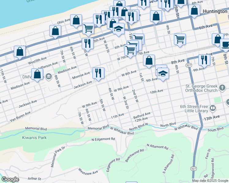 map of restaurants, bars, coffee shops, grocery stores, and more near in Huntington