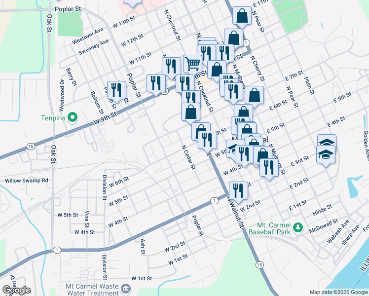 map of restaurants, bars, coffee shops, grocery stores, and more near 400 West 6th Street in Mount Carmel
