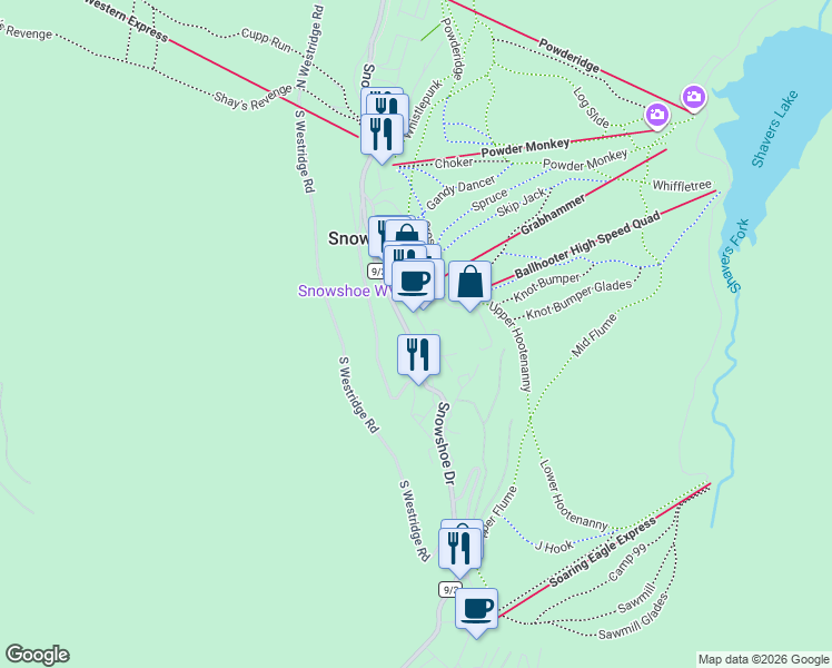 map of restaurants, bars, coffee shops, grocery stores, and more near 10 Snowshoe Drive in Snowshoe