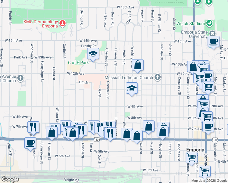 map of restaurants, bars, coffee shops, grocery stores, and more near 1010 Chestnut Street in Emporia