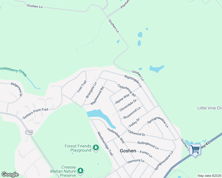 map of restaurants, bars, coffee shops, grocery stores, and more near 1405 Amanda Way in Goshen