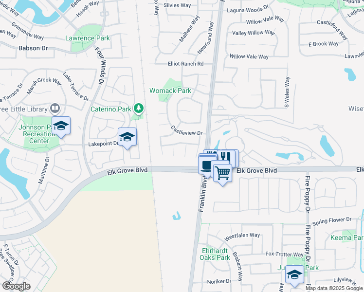 map of restaurants, bars, coffee shops, grocery stores, and more near 4510 Castle Grove Way in Elk Grove