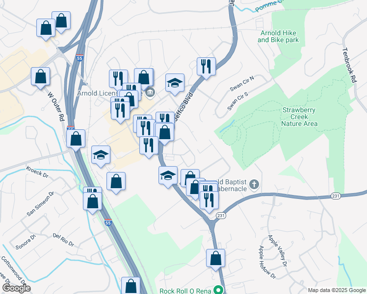 map of restaurants, bars, coffee shops, grocery stores, and more near 1414 Avion Ridge Drive in Arnold