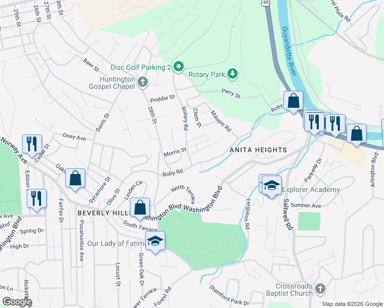 map of restaurants, bars, coffee shops, grocery stores, and more near 406 Rotary Road in Huntington