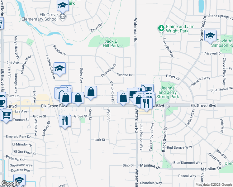 map of restaurants, bars, coffee shops, grocery stores, and more near 9557 Porto Rosa Drive in Elk Grove