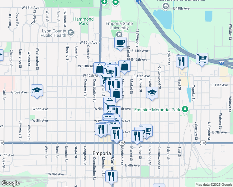 map of restaurants, bars, coffee shops, grocery stores, and more near 1018 Commercial Street in Emporia