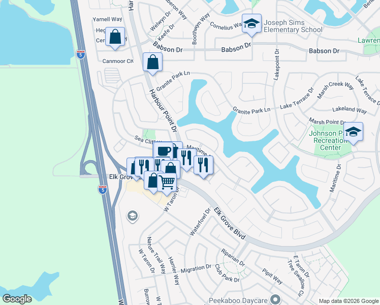 map of restaurants, bars, coffee shops, grocery stores, and more near 9561 Harbour Point Drive in Elk Grove