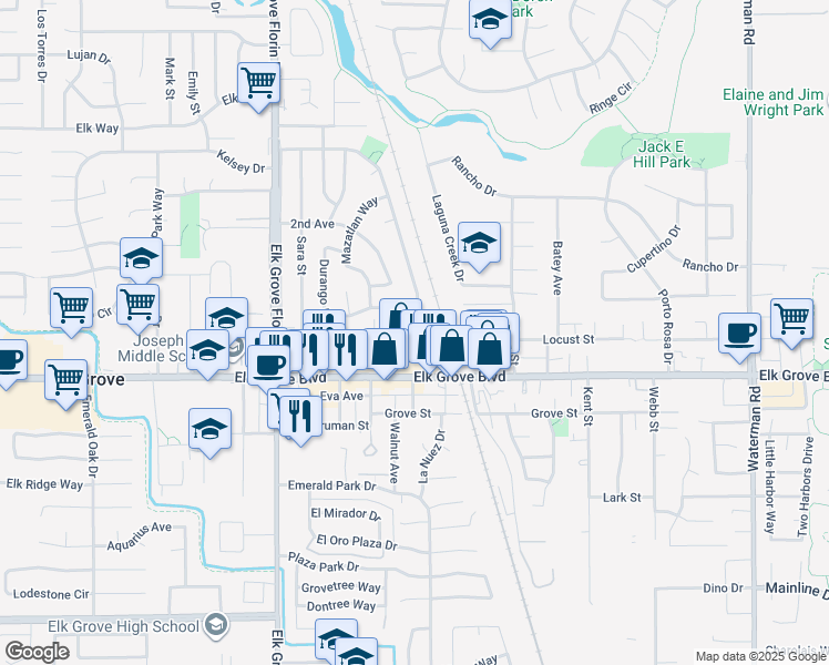 map of restaurants, bars, coffee shops, grocery stores, and more near 9520 Quaymas Court in Elk Grove