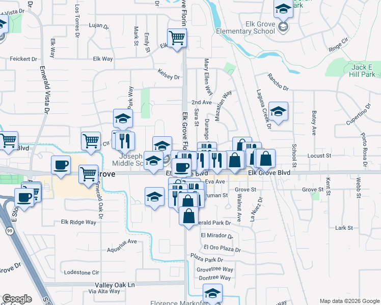 map of restaurants, bars, coffee shops, grocery stores, and more near 8903 Sierra Street in Elk Grove