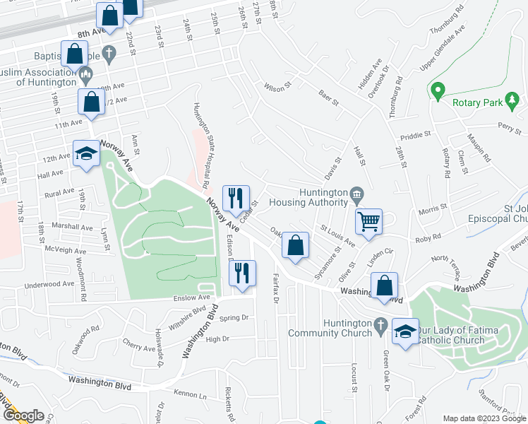 map of restaurants, bars, coffee shops, grocery stores, and more near 122 Pine Street in Huntington