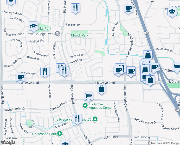 map of restaurants, bars, coffee shops, grocery stores, and more near 9606 Big Timber Drive in Elk Grove