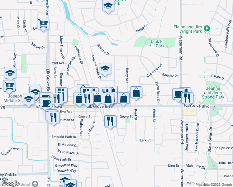 map of restaurants, bars, coffee shops, grocery stores, and more near 9565 School Street in Elk Grove