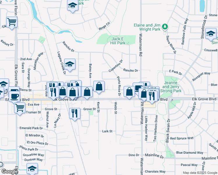 map of restaurants, bars, coffee shops, grocery stores, and more near 9208 Pacer Court in Elk Grove
