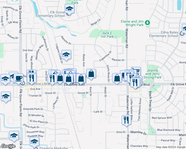 map of restaurants, bars, coffee shops, grocery stores, and more near 9165 Locust Street in Elk Grove