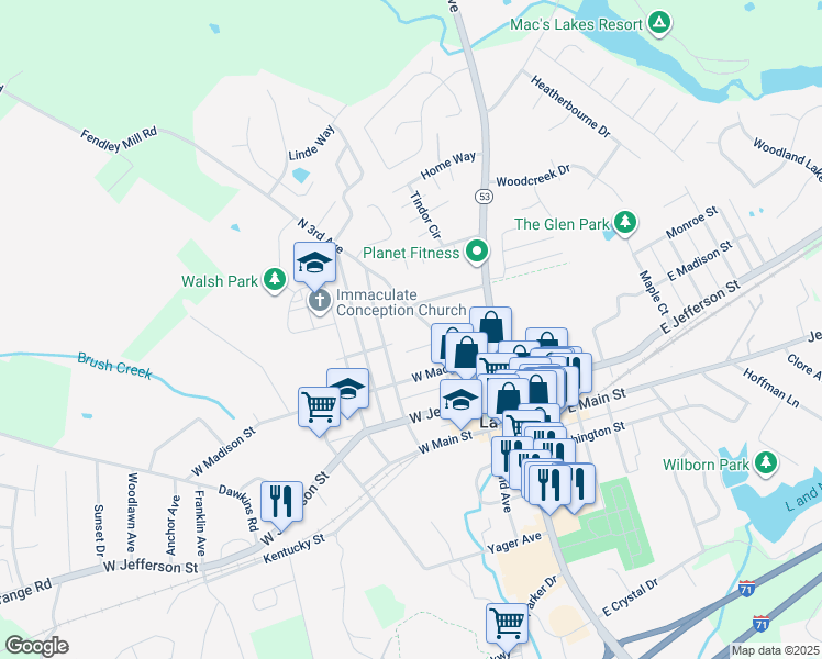 map of restaurants, bars, coffee shops, grocery stores, and more near 401A North 4th Street in La Grange