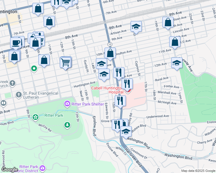 map of restaurants, bars, coffee shops, grocery stores, and more near 1302 15th Street in Huntington