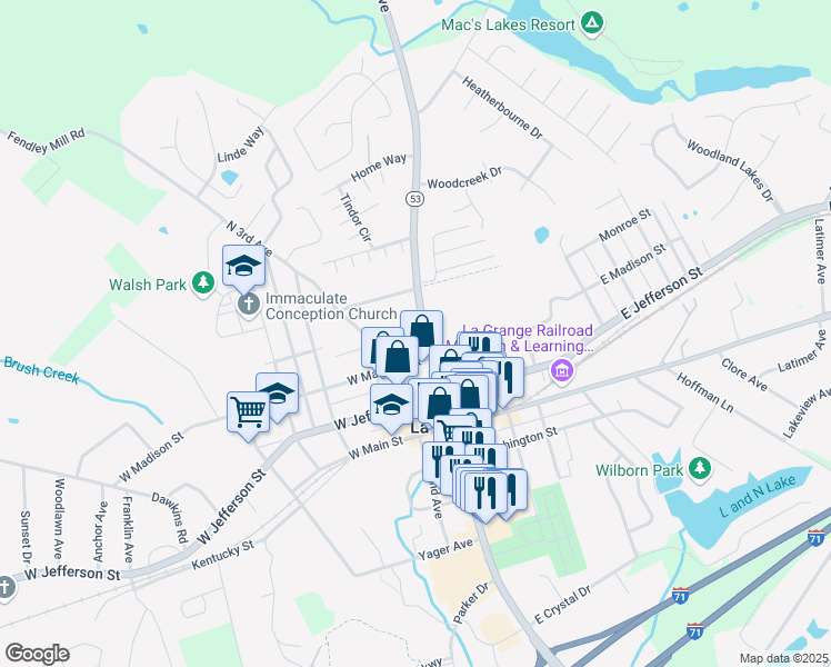 map of restaurants, bars, coffee shops, grocery stores, and more near 100 Sauer Alley in La Grange