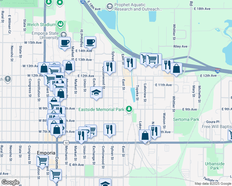 map of restaurants, bars, coffee shops, grocery stores, and more near 1015 Sylvan Street in Emporia