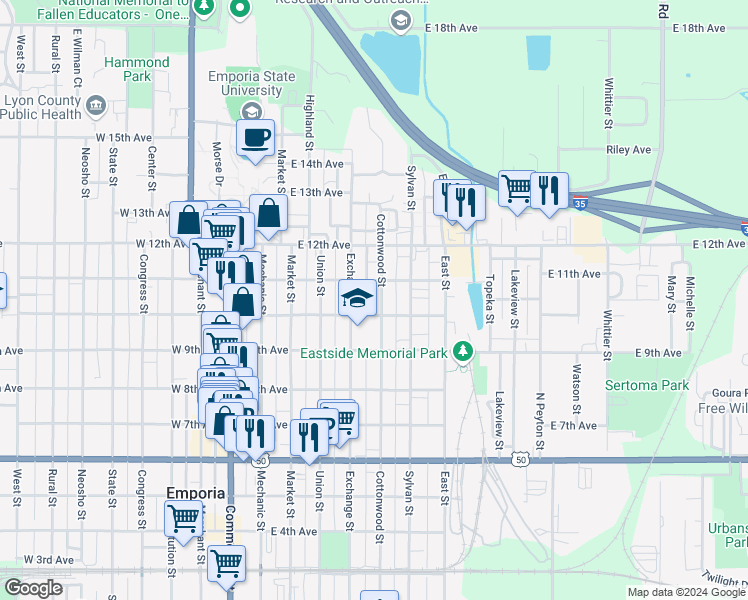 map of restaurants, bars, coffee shops, grocery stores, and more near 1013 Cottonwood Street in Emporia