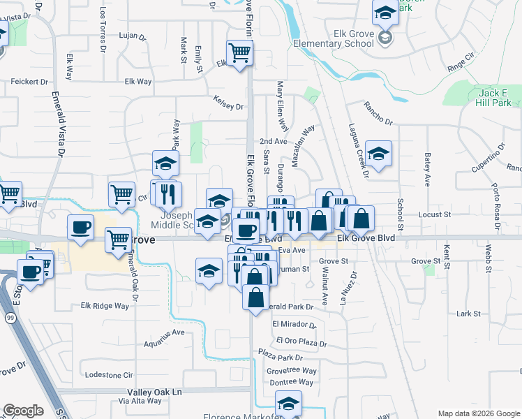 map of restaurants, bars, coffee shops, grocery stores, and more near 8903 Sierra Street in Elk Grove