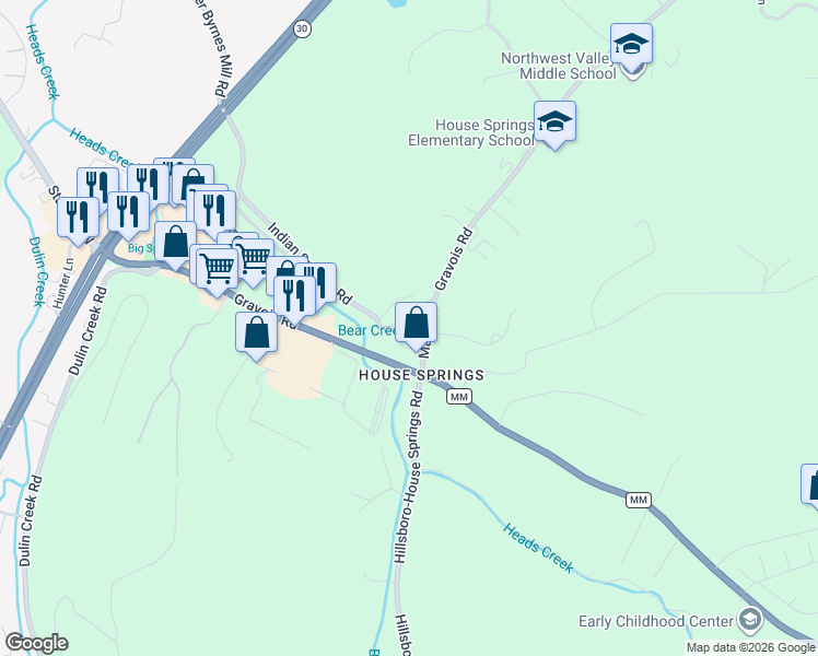 map of restaurants, bars, coffee shops, grocery stores, and more near 4550 Main Street in House Springs