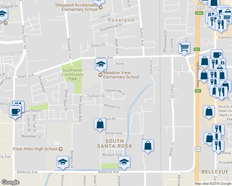 map of restaurants, bars, coffee shops, grocery stores, and more near 1468 Pebblecreek Drive in Santa Rosa