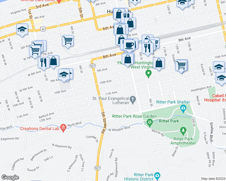 map of restaurants, bars, coffee shops, grocery stores, and more near 606 11th Avenue in Huntington