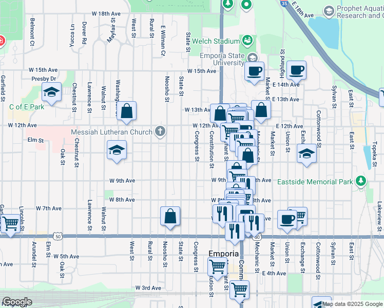 map of restaurants, bars, coffee shops, grocery stores, and more near 1013 Congress Street in Emporia