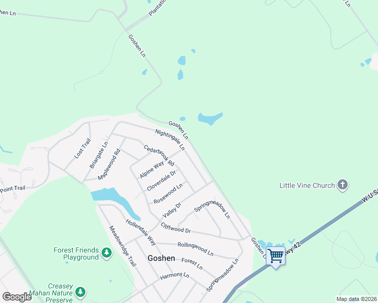 map of restaurants, bars, coffee shops, grocery stores, and more near 1221 Nightingale Lane in Goshen