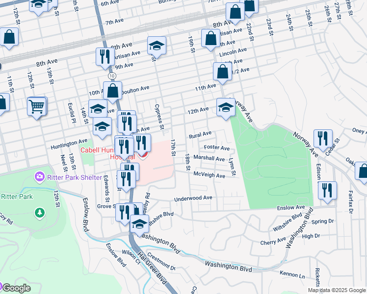 map of restaurants, bars, coffee shops, grocery stores, and more near 1315 18th Street in Huntington