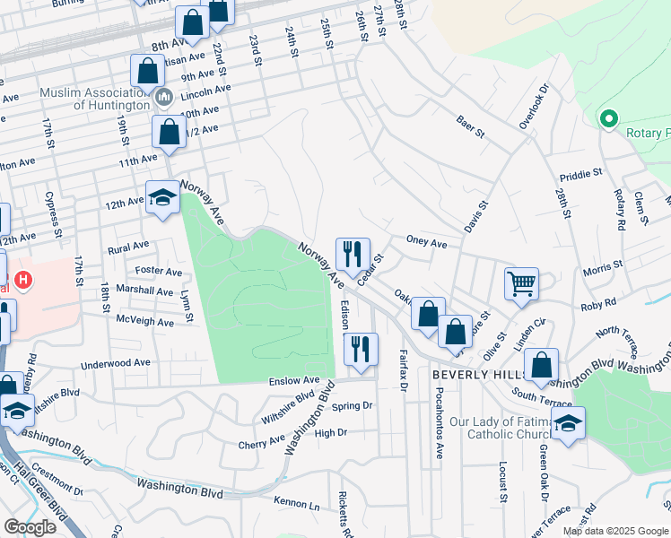 map of restaurants, bars, coffee shops, grocery stores, and more near 111 Oakland Ave W in Huntington