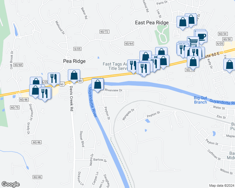 map of restaurants, bars, coffee shops, grocery stores, and more near 533 Riverview Drive in Barboursville
