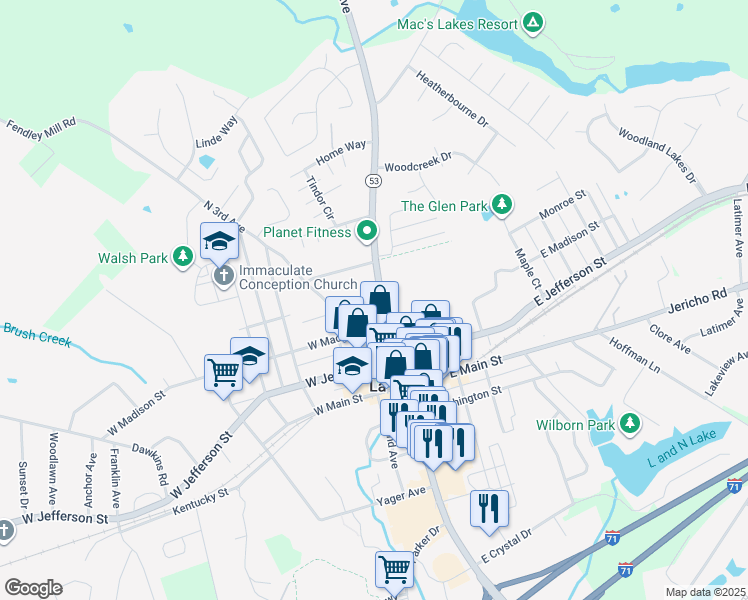 map of restaurants, bars, coffee shops, grocery stores, and more near 100 Sauer Alley in La Grange