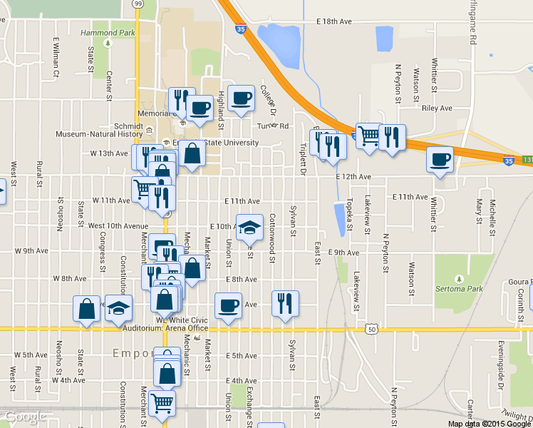 map of restaurants, bars, coffee shops, grocery stores, and more near 1013 Cottonwood Street in Emporia